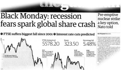 Guardian front page showing Stock Market crash alongside first strike nuke proposals